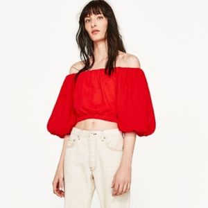 Zara red balloon sleeve off the shoulder crop top